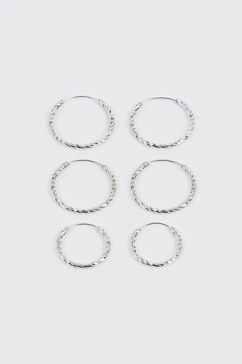 Ardene 3-Pack 14K White Gold Plated Hoop Earrings in Silver