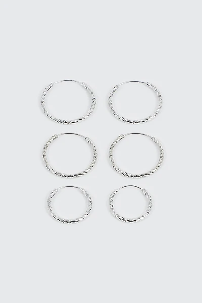 Ardene 3-Pack 14K White Gold Plated Hoop Earrings in Silver