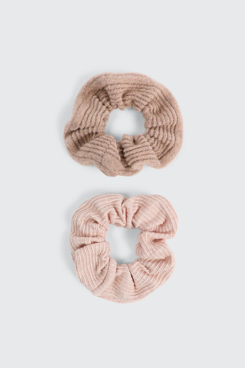 Ardene 2-Pack Super Soft Rib Scrunchies in Light Pink | Polyester/Elastane