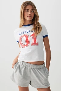 Ardene Short Graphic Ringer T-Shirt in White | Size Large | Cotton/Elastane