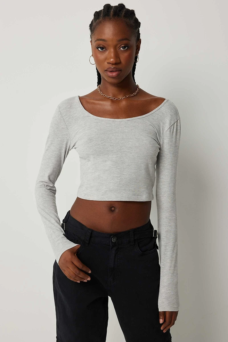 Ardene Basic Ultra Crop Scoop Neck T-Shirt in Light Grey | Size Large | Cotton/Elastane | Eco-Conscious