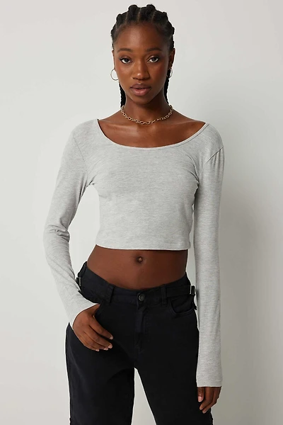 Ardene Basic Ultra Crop Scoop Neck T-Shirt in Light Grey | Size Large | Cotton/Elastane | Eco-Conscious