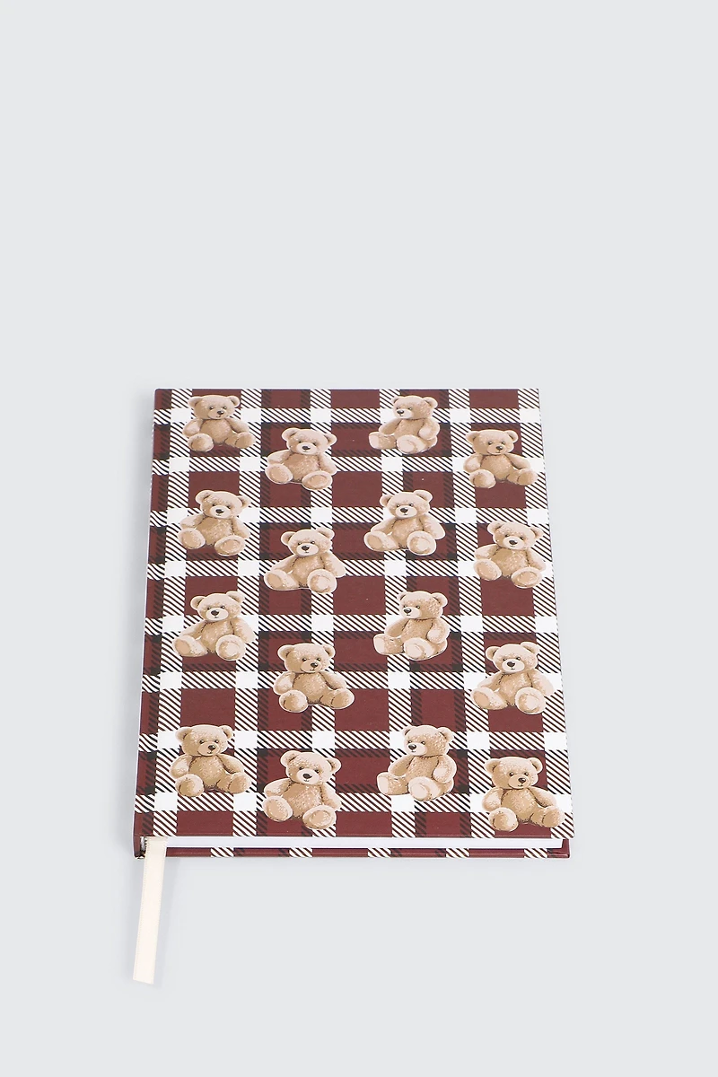 Ardene Teddy Bear Print Notebook in Burgundy