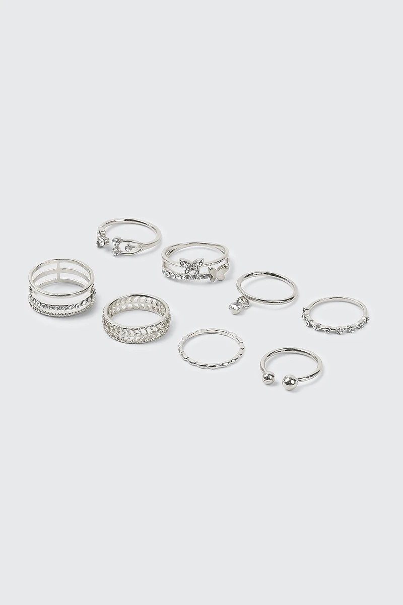 Ardene 10-Pack Stone Thin Rings in Silver | Size