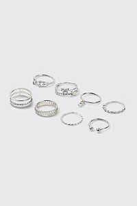 Ardene 10-Pack Stone Thin Rings in Silver | Size
