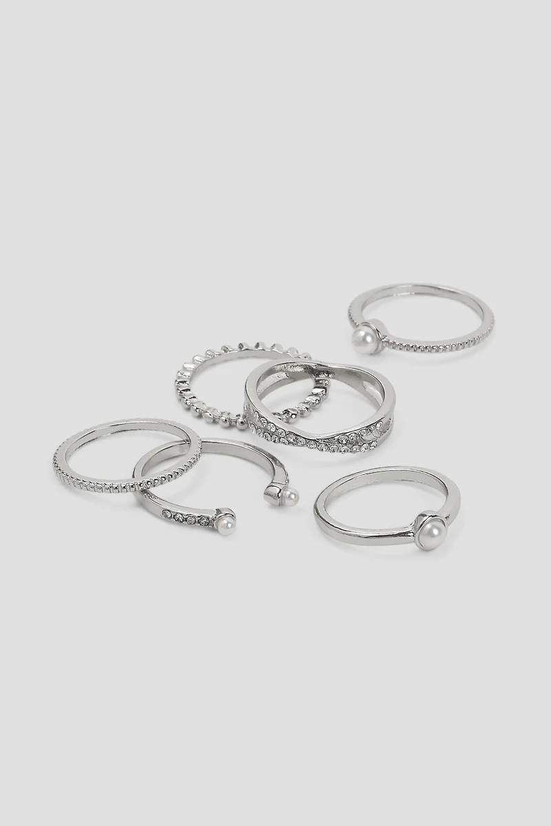 Ardene 6-Pack of Pearl & Stone Rings in Silver | Size