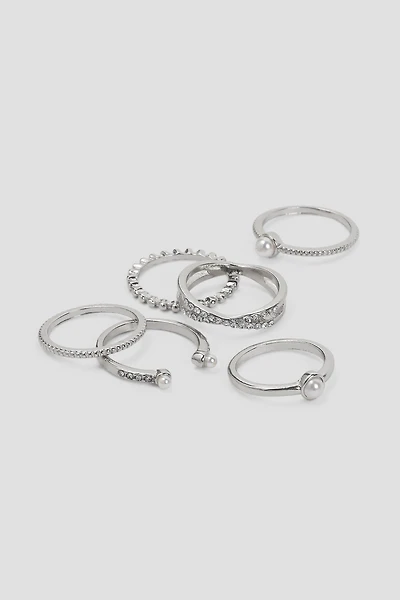 Ardene 6-Pack of Pearl & Stone Rings in Silver | Size