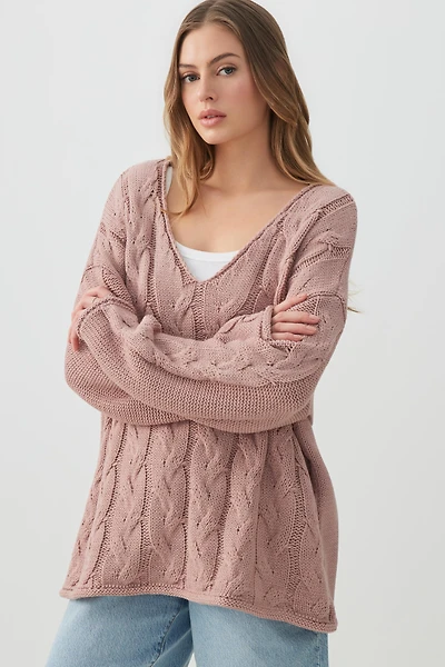 Ardene Oversized Cable Knit V-Neck Sweater in | Size | 100% Acrylic