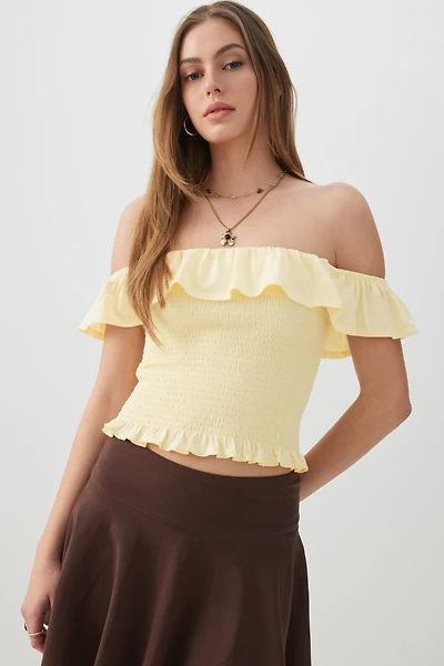 Ardene Smocked Off-Shoulder Top in Light Yellow | Size | Polyester/Cotton/Elastane
