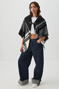 Ardene Plaid Shawl with Toggle Closure in Black | Polyester