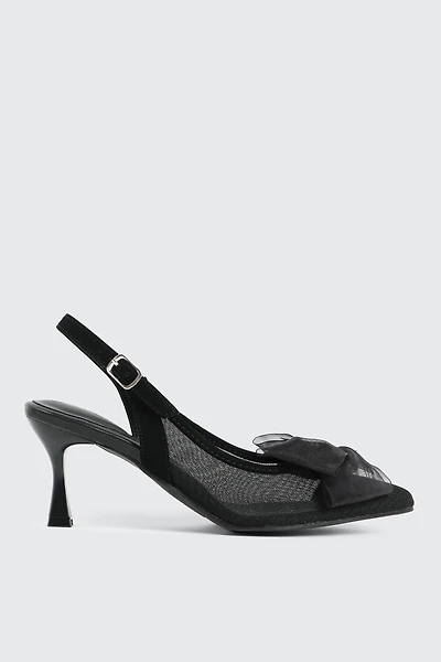 Ardene Slingback Mesh Pumps with Bow Detail in Black | Size