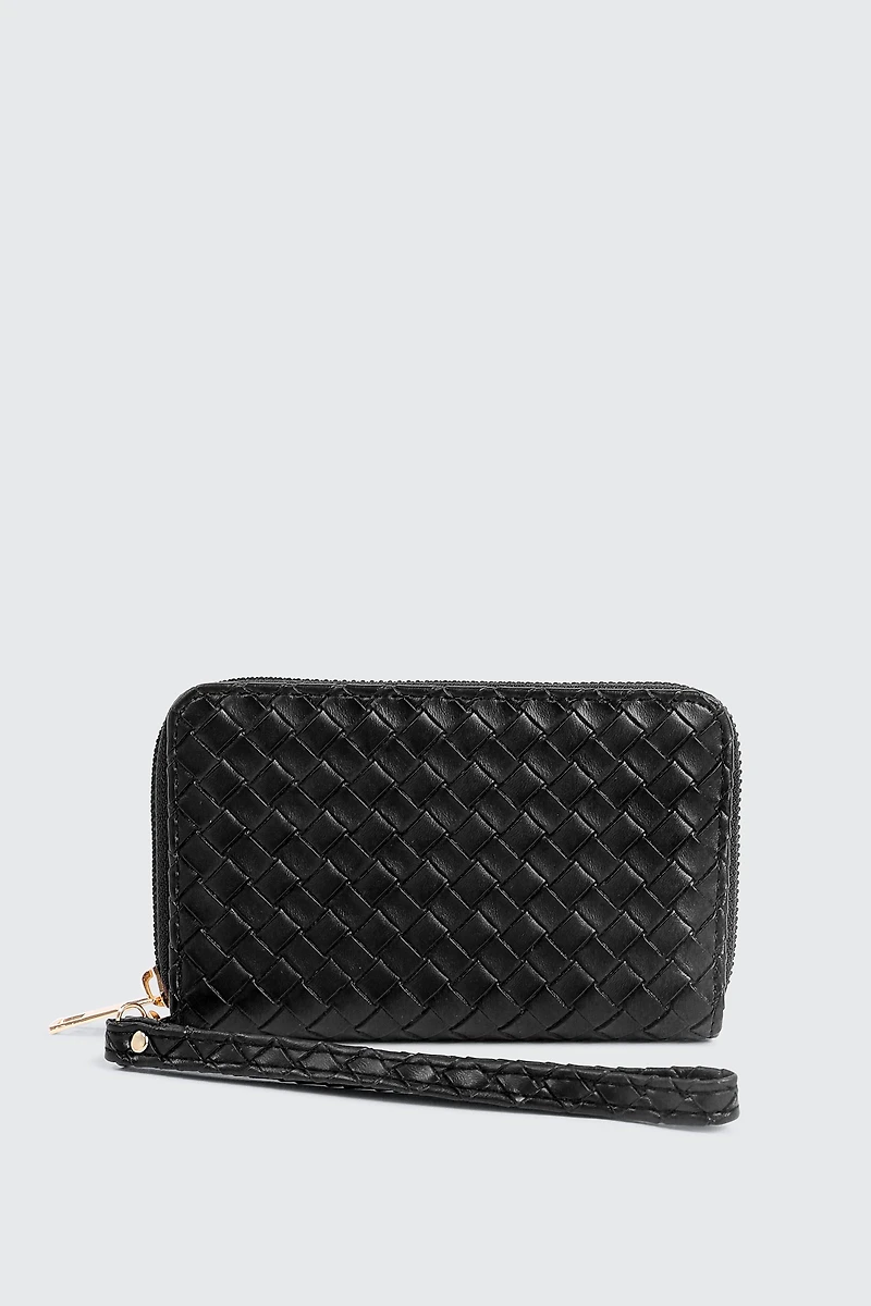 Ardene Faux Leather Woven Wallet in Black | Faux Leather/Polyester