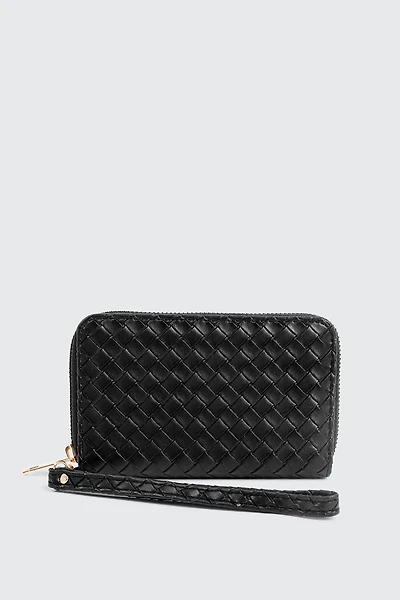 Ardene Faux Leather Woven Wallet in Black | Faux Leather/Polyester