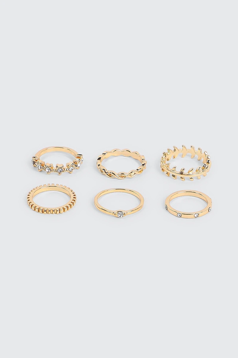 Ardene 6-Pack Assorted Stone Rings in Gold | Size