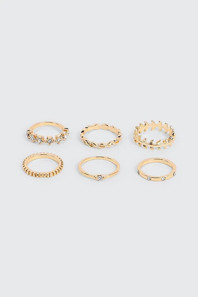 Ardene 6-Pack Assorted Stone Rings in Gold | Size