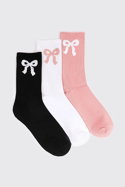 Ardene 3-Pack Fuzzy Bow Crew Socks in Light Pink | Polyester/Spandex