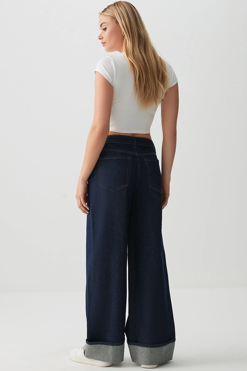 Jean jambe large décontractée à taille mi-haute