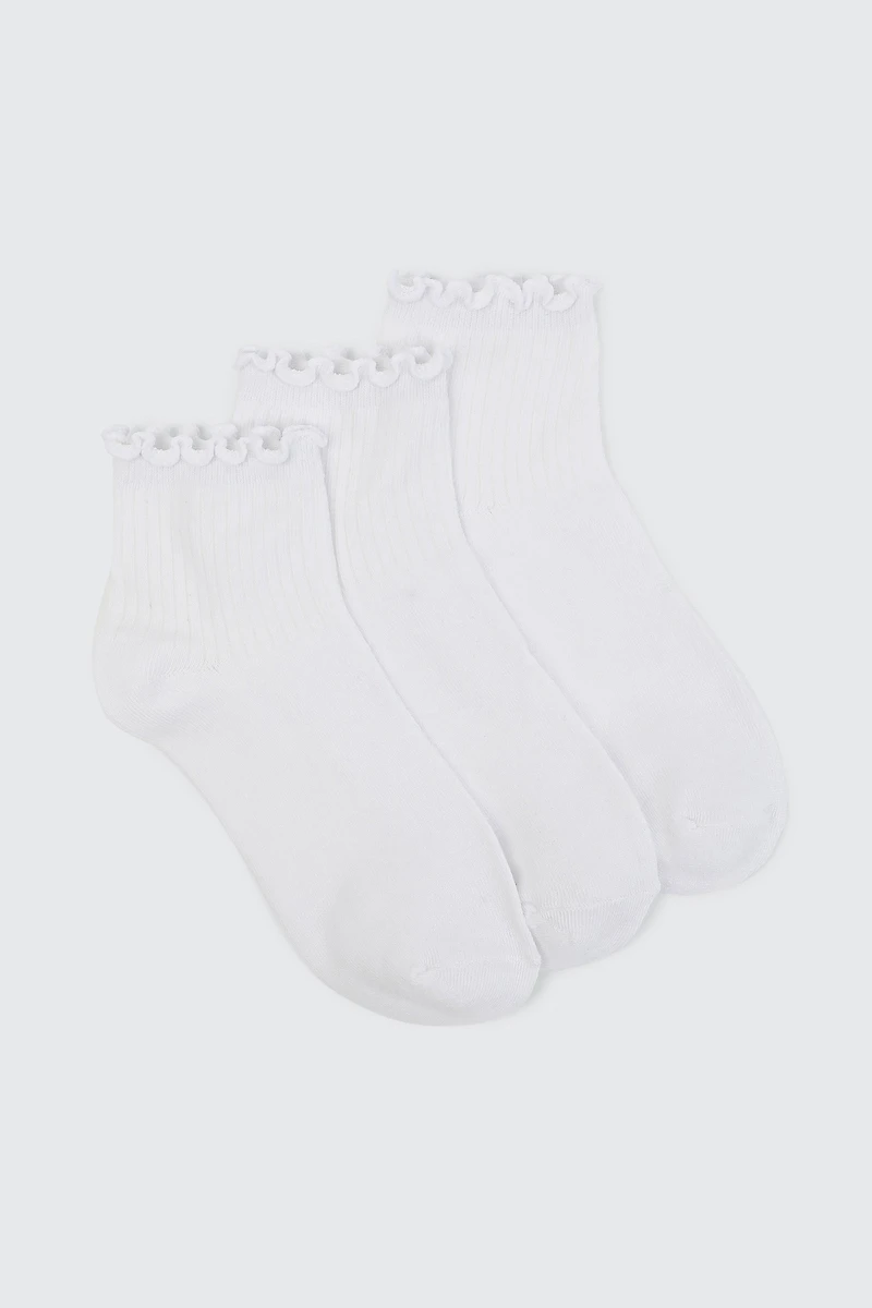 Ardene 3-Pack Lettuce Edge Demi Crew Socks in White | Polyester/Spandex