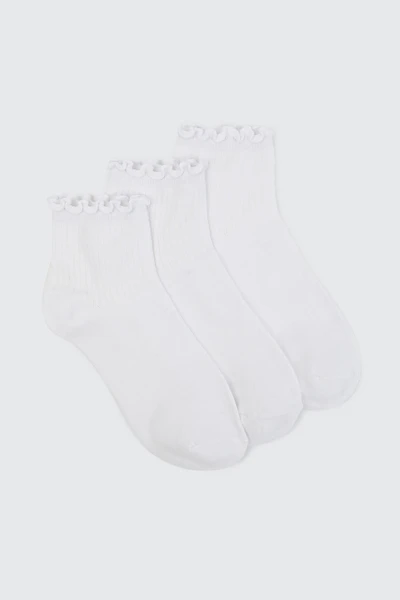 Ardene 3-Pack Lettuce Edge Demi Crew Socks in White | Polyester/Spandex