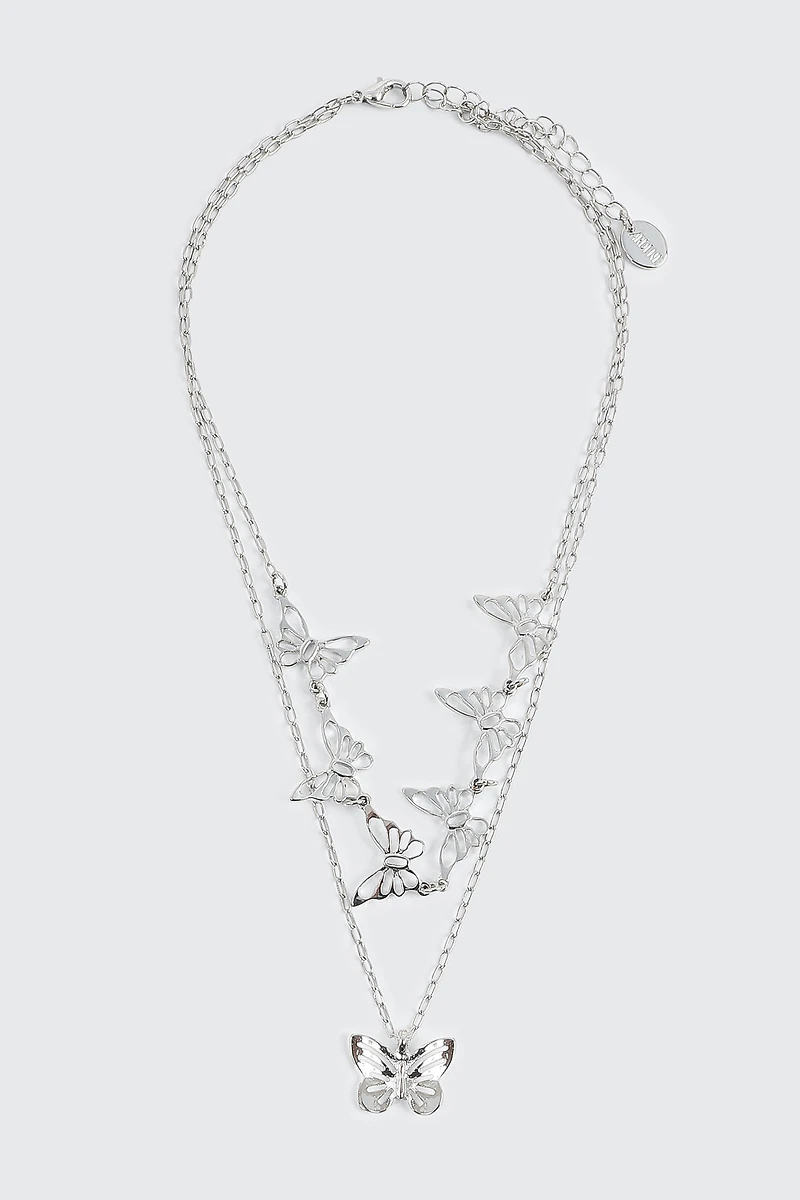 Ardene Tow-Row Butterfly Necklace in Silver