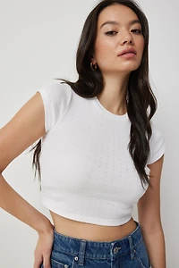 Ardene Ultra Crop Pointelle T-Shirt in White | Size | 100% Cotton