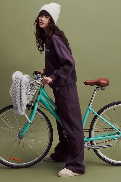 Ardene Embroidered Wide Leg Sweatpants in Dark Purple | Size | Polyester/Cotton | Fleece-Lined