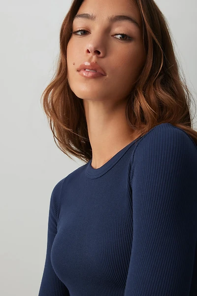 Ardene Seamless Crop Long Sleeve T-Shirt in Blueberry | Size | Polyester/Nylon/Elastane | Eco-Conscious