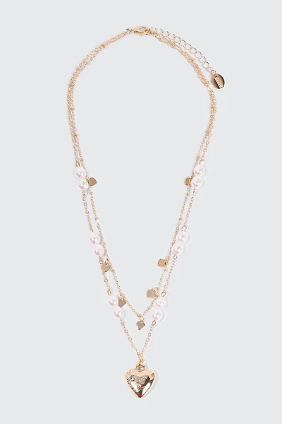 Ardene Two-Row Heart & Pearl Necklace in Gold