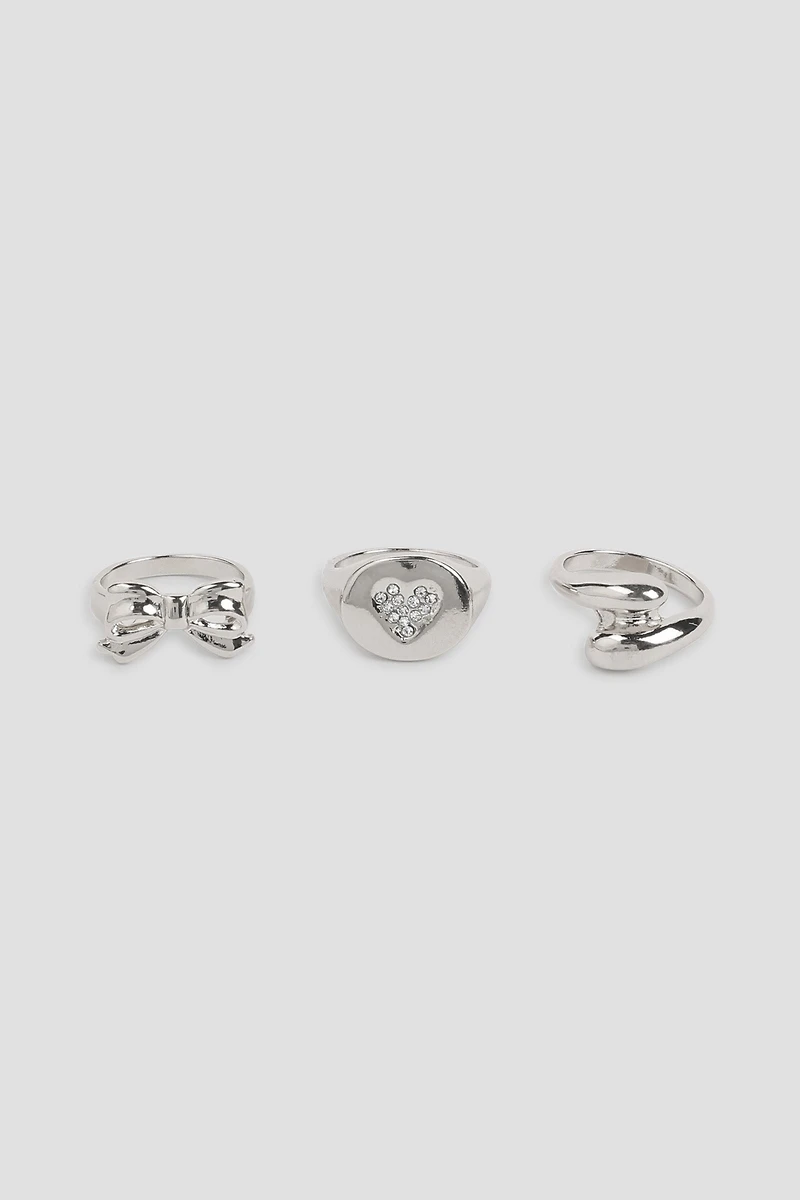 Ardene -Pack Bow & Heart Rings in Silver | Size