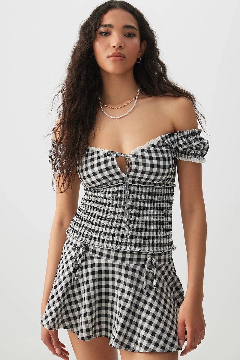 Ardene Gingham Smocked Top in Black | Size | Polyester/Spandex