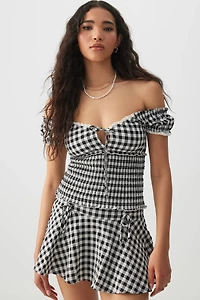 Ardene Gingham Smocked Top in Black | Size | Polyester/Spandex