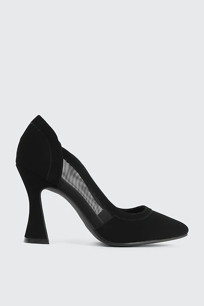 Ardene Mesh & Faux Suede Flare Heel Pumps in Black | Size