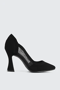 Ardene Mesh & Faux Suede Flare Heel Pumps in Black | Size