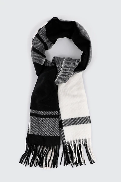Ardene Rectangular Plaid Scarf with Fringes in Black | Polyester