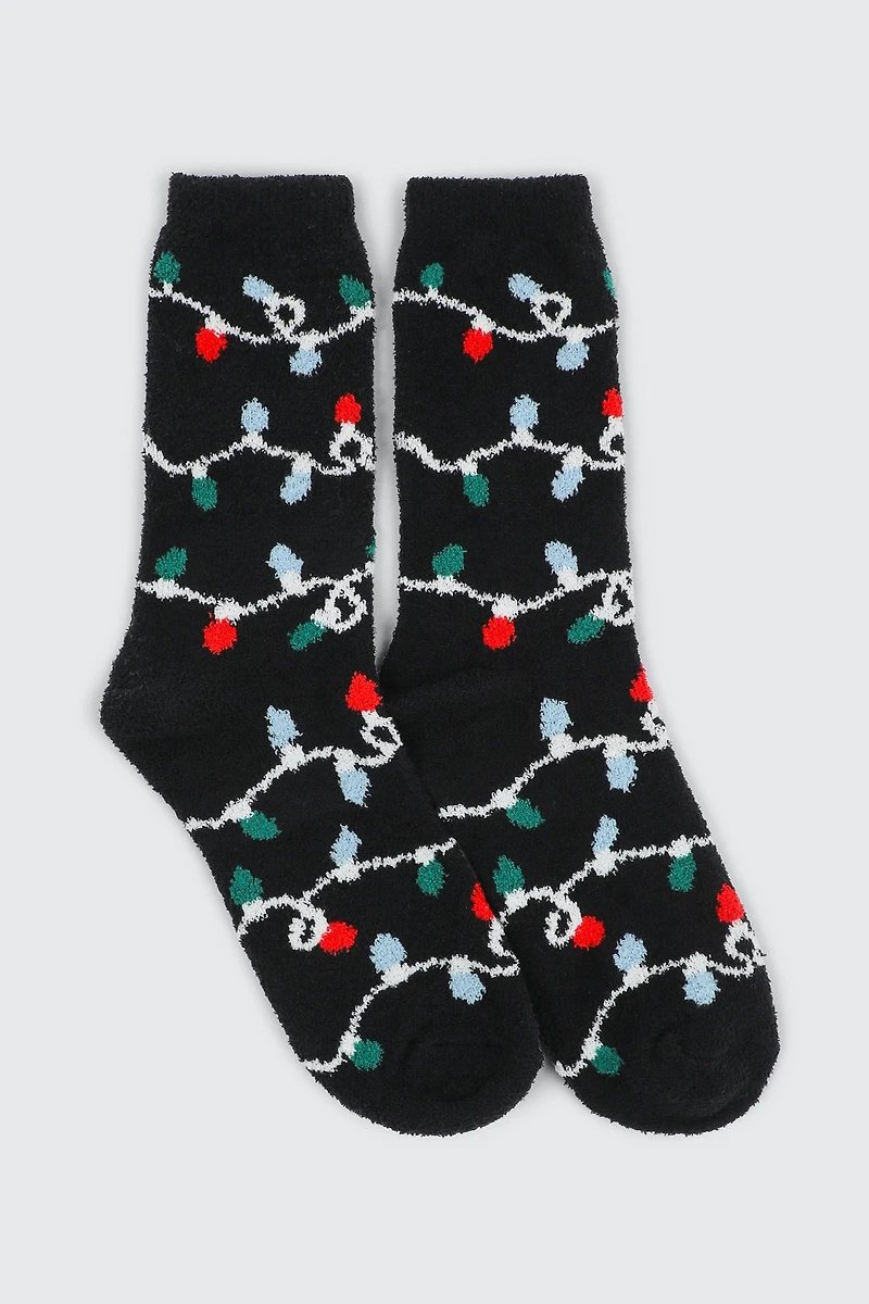 Ardene Festive Lights Cozy Socks in Black | Polyester/Spandex