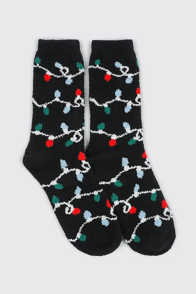 Ardene Festive Lights Cozy Socks in Black | Polyester/Spandex