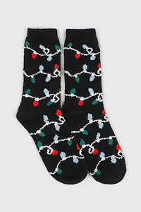 Ardene Festive Lights Cozy Socks in Black | Polyester/Spandex