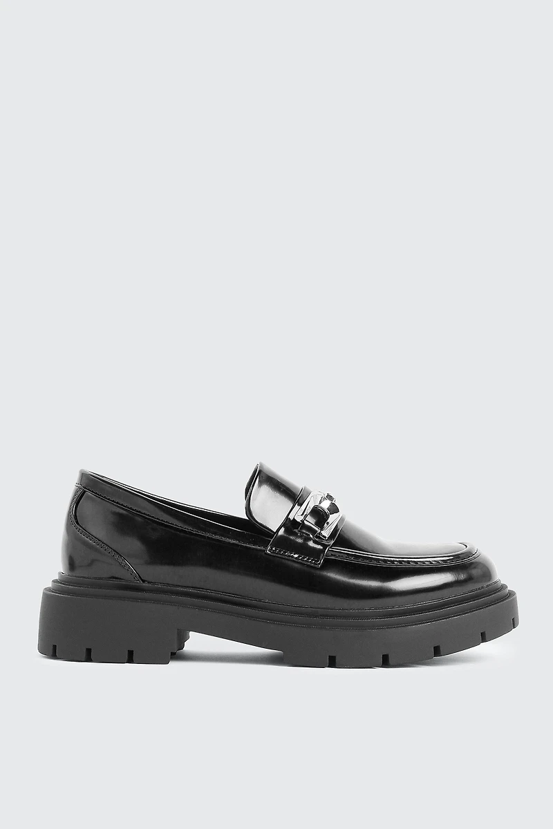 Ardene Lug Sole Loafers with Metal Ornament in Black | Size | Faux Leather | Eco-Conscious