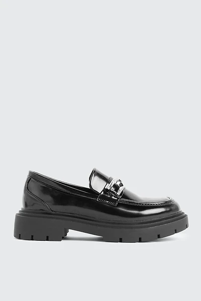 Ardene Lug Sole Loafers with Metal Ornament in Black | Size | Faux Leather | Eco-Conscious