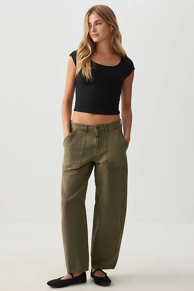 Ardene High Rise Stretch Twill Barrel Pants in Khaki | Size | Spandex/Cotton
