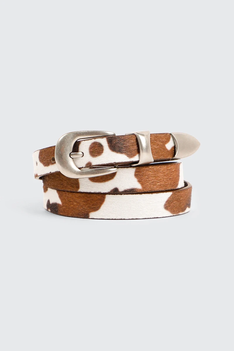 Ardene Cow Print Belt in Brown | Size | Faux Leather