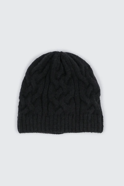 Ardene Wool Blend Cable Knit Beanie in Black | Polyester/Elastane