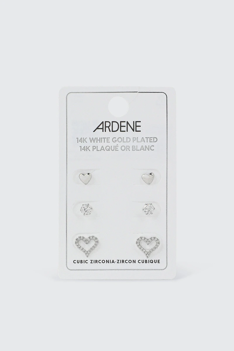 3 paires de clous cœurs plaqués or blanc 14K