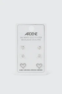 3 paires de clous cœurs plaqués or blanc 14K