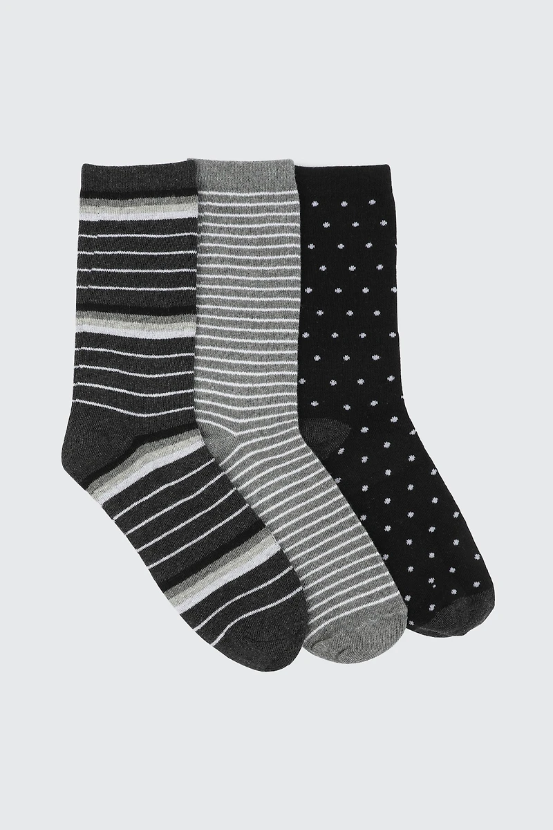 Ardene 3-Pack Polka Dot & Stripe Crew Socks in Black | Polyester/Spandex