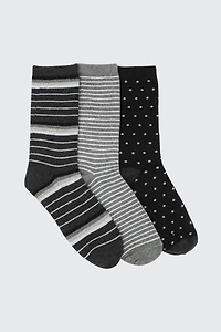 Ardene 3-Pack Polka Dot & Stripe Crew Socks in Black | Polyester/Spandex