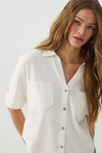 Ardene Linen Blend Utility Shirt in White | Size | Viscose