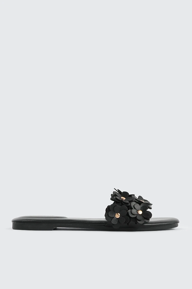 Ardene 3D Floral Flat Sandals in Black | Size | Faux Leather | Eco-Conscious