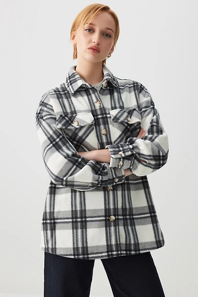Ardene Plaid Polar Fleece Shirt in Black | Size | Polyester | Eco-Conscious