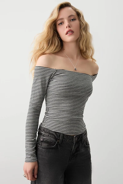 Ardene Crop Off Shoulder Long Sleeve Top in Grey | Size | Cotton/Elastane